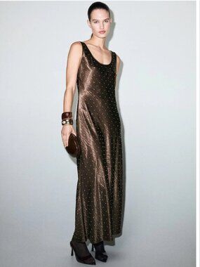 Mango Brown Emellished Detailed Satin Crinkle-Effect Dress crystals Fit & Flare